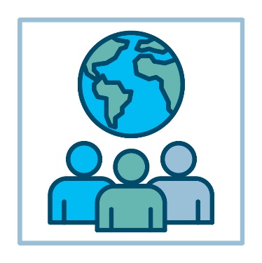A map of the world above 3 people. 