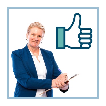 A person writing on a clipboard. A thumbs up icon is next to them. 
