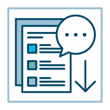2 stacked documents next to a speech bubble and an arrow pointing down. 