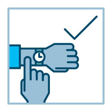 A person pointing to a watch on their wrist next to a tick icon. 