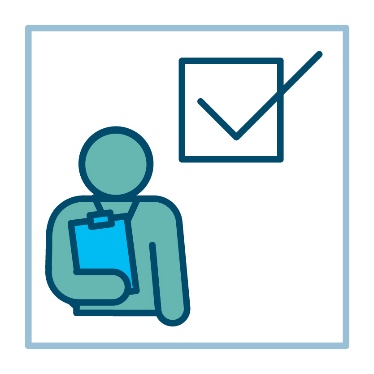 A worker holding a clipboard next to a tick icon in a box. 