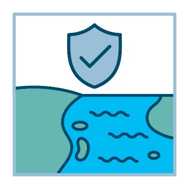 A safety icon above a landscape with water. 