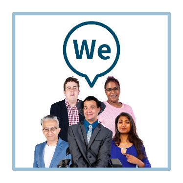 A group of people with the word 'We' written in a speech bubble above them. 
