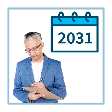 A person writing on a clipboard next to a calendar with '2031' on it. 